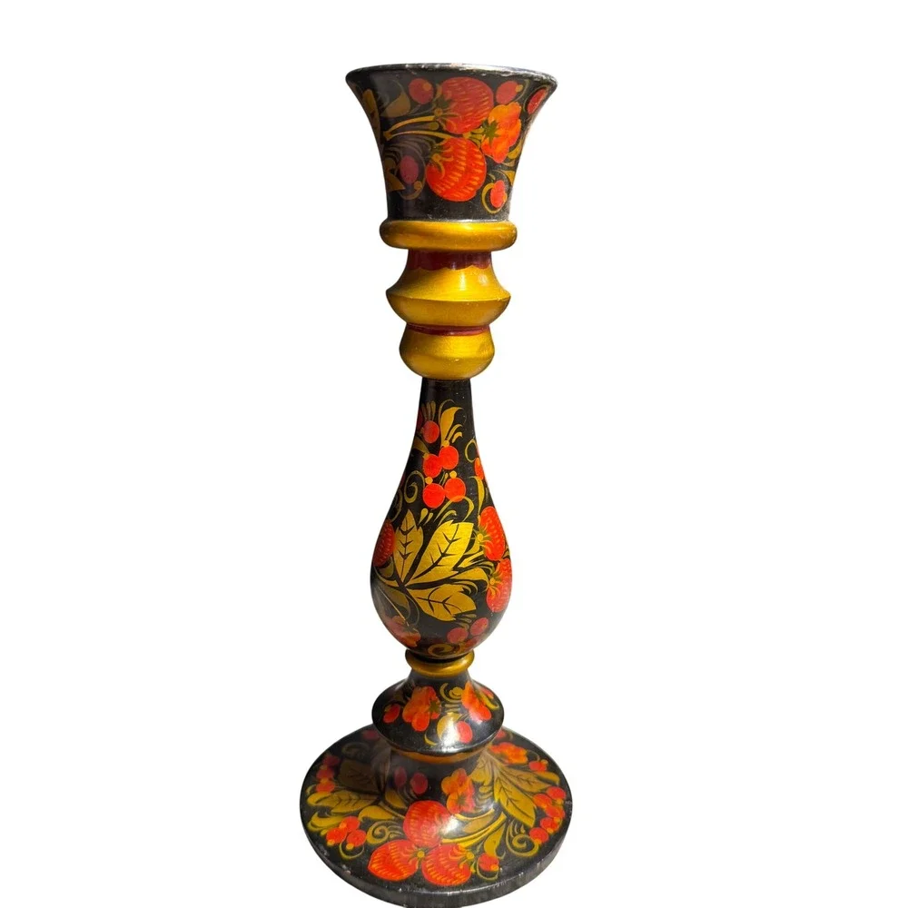 Vintage Russian Khokhloma Wood Candlestick Holder Hand Painted Floral Black Gold
